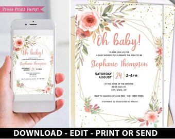 Baby Shower Invitation Editable & Decorations Printables, Blush Peach Floral Sweet Baby Girl, Oh Baby Banner, Welcome Sign, INSTANT DOWNLOAD