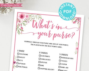 What's in Your Purse Baby Shower Game Printable, Bridal Shower Game Template, Pink Flowers, Funny Shower Activity, Rustic, INSTANT DOWNLOAD