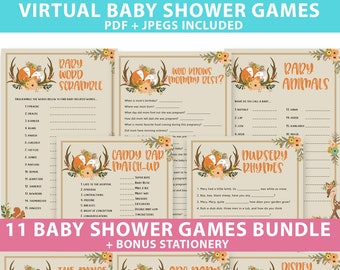 Virtual Baby Shower Games Printable Pack, Woodland Baby Shower Games Bundle, Woodland Theme Forest Animals, Fox, Deer, INSTANT DOWNLOAD