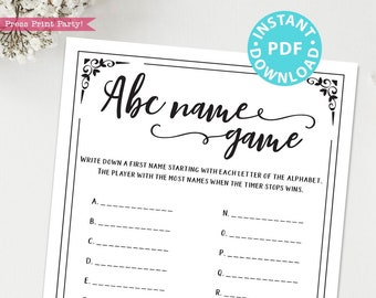 ABC Baby Shower Name Game Printable, Baby Shower Game Template, Rustic Black, Funny Baby Shower Activities, Baby Girl, Boy, INSTANT DOWNLOAD