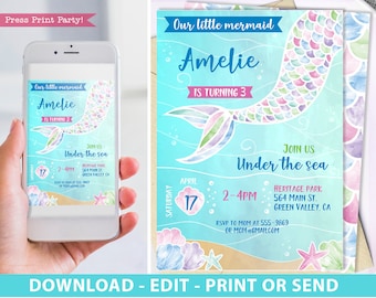 Mermaid Party Invitation Printable, Watercolor Under the Sea Birthday, Little Mermaid Party, Blue, Pink, Purple, Green, INSTANT DOWNLOAD