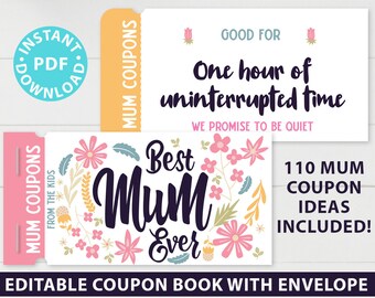 MUM Coupons Book Printable, Mother's Day Coupon Book Personalized Gift Idea, Editable Blank Coupon, diy Last Minute Gift, INSTANT DOWNLOAD