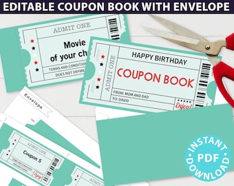 EDITABLE Coupon Book Template Printable, Green Tickets, Custom Birthday Coupons Book Gift Idea, Homemade Blank Coupon Book, INSTANT DOWNLOAD