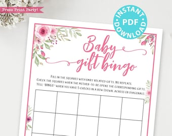 Baby Gift Bingo Baby Shower Game Printable, Pink Flowers Baby Shower Game Template, Funny Baby Shower Activities, Girl, INSTANT DOWNLOAD