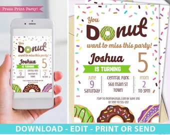 Donut Birthday Invitation Printable, Green Donut & Sprinkles, Donut Party Boy/ Girl, Donut First Birthday Party Invitation, INSTANT DOWNLOAD