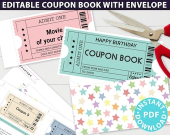 EDITABLE Coupon Book Template, Multi Color Tickets Printable, Custom Birthday Coupons Book Gift Idea, Homemade Blank, INSTANT DOWNLOAD