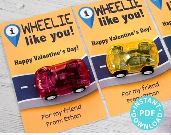 Toy Car Valentine card Printable, I Wheelie Like You, Kids Valentines, Editable, Boy Valentines, Classroom Valentine, INSTANT DOWNLOAD