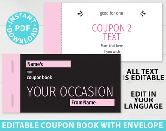 Printable Coupon Book Template Light Pink, Any Occasion Gift Idea, Editable Blank Coupon Book, Birthday Coupons, Love, Mom, INSTANT DOWNLOAD