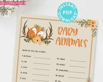Woodland Theme Baby Animals Baby Shower Game Printable, Baby Animal Name Game Template, Forest Animals, Fox, Deer, Fall, INSTANT DOWNLOAD