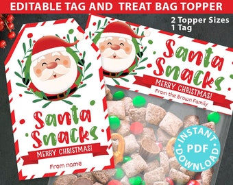 SANTA Snacks Christmas Treat Bag Toppers and Tag, Editable, Classroom Gift,  Easy Holiday Gift, Neighbor Gift, Snack Mix, INSTANT DOWNLOAD