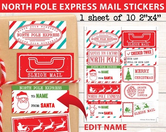 EDITABLE Christmas Stickers Template, 10 Printable North Pole Express Mail Sticker Pack for Gifts From Santa Claus, INSTANT DOWNLOAD
