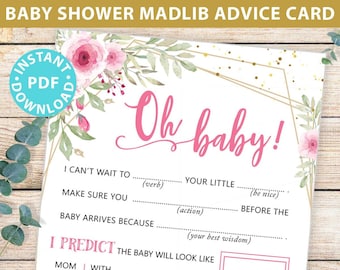 Baby Shower Mad Libs Printable, Oh Baby Shower Game, Pink Floral, Advice Card, Baby Guestbook, Mom or Mum, Boy, Girl, INSTANT DOWNLOAD