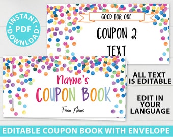 Printable Coupon Book Template, DIY Birthday Coupons Book, Custom Gift Idea, Confetti Editable Blank Coupon Book for Kids, INSTANT DOWNLOAD