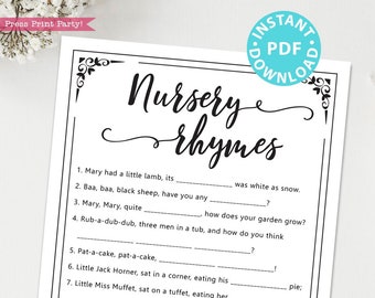 Nursery Rhymes Baby Shower Game Printable, Unique Baby Shower Game Template, Funny Baby Shower Activities, Rustic, INSTANT DOWNLOAD