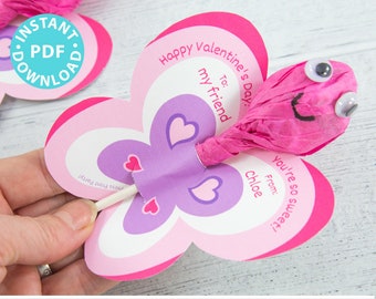 Butterfly Lollipop Kids Valentine Card Printable Holder, Gift Tag For Friend, Classmate at School, for Teacher, Editable INSTANT DOWNLOAD