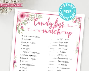 Candy Bar Match-up Baby Shower Game Printable, Pink Flower Baby Shower Game Template, Funny Baby Shower Activities, Girl, INSTANT DOWNLOAD