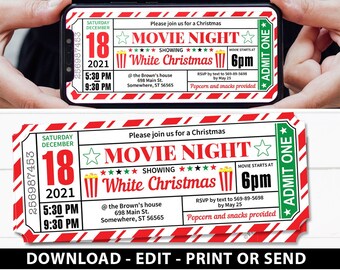 christmas movie night invitation printable ticket editable etsy