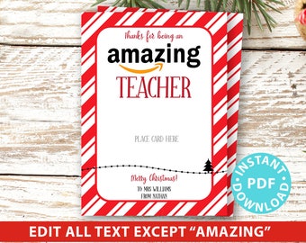 EDITABLE Amazon Gift Card Holder Christmas Printable Template, 5x7", Thank you for being an Amazing Teacher, Friend, Stripe INSTANT DOWNLOAD