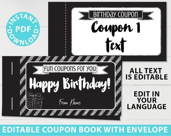 Editable Coupon Book Template Printable Birthday Gift Idea, Silver Blank Coupon Book, Last Minute Gift Vouchers, Envelope, INSTANT DOWNLOAD
