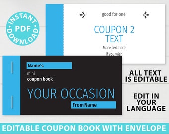 Printable Coupon Book Template Blue, Any Occasion Gift Idea, Editable Blank Coupon Book, Birthday Coupons, Love, Mom, DIY, INSTANT DOWNLOAD