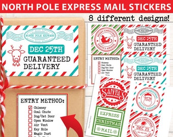 Christmas Stickers Template, 8 Printable North Pole Express Mail Sticker Pack for Gifts from Santa, Merry Christmas, INSTANT DOWNLOAD