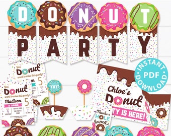Donut Party Printable Bundle, Donut Birthday Party Girl or Boy, Donut Station Decor Supplies, Invitation, Banner Garland, INSTANT DOWNLOAD