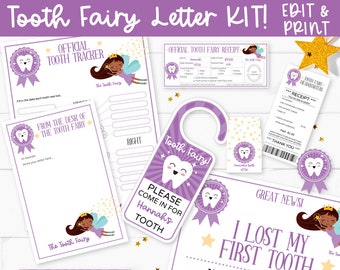 EDITABLE Tooth Fairy Letter Printable Kit & Receipts Purple w. Black Fairy, Certificate, Teeth Chart, Lost Tooth Envelope, INSTANT DOWNLOAD