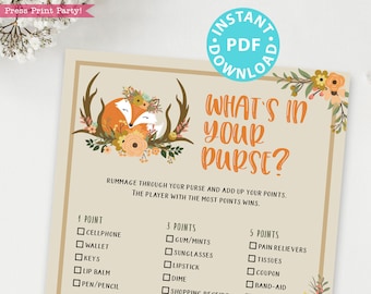 Woodland theme What's in Your Purse Baby Shower Game Printable, Game Template, Activities, Rustic Forest Animals, Fox, INSTANT DOWNLOAD