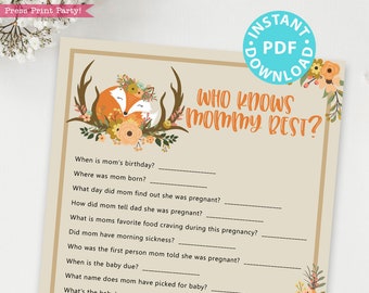 Woodland Theme Who Knows Mommy Best Baby Shower Game Printable, Rustic Forest Animals Baby Shower Game Template, INSTANT DOWNLOAD