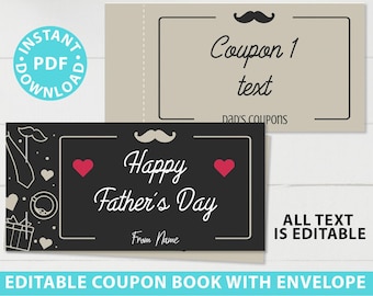 Father's Day Printable Gift Idea, Editable Coupon Book Template, Blank Coupon Book, last minute gift for him, Dad Gift, INSTANT DOWNLOAD