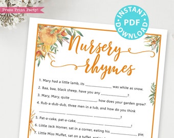 Little Pumpkin Nursery Rhymes Baby Shower Game Printable,Fall Rustic Baby Shower Game Template, Funny Activities, girl,boy, INSTANT DOWNLOAD