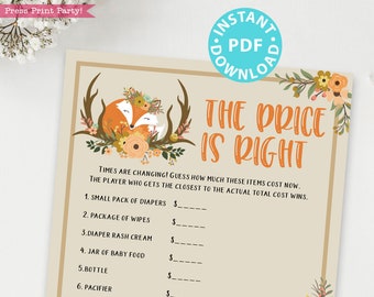 Woodland Theme The Price is Right Baby Shower Game Printable, Rustic Baby Shower Game Template, Activities, Forest Animals, INSTANT DOWNLOAD