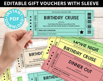 EDITABLE Birthday Voucher Coupons Template w. Holder Printable, Surprise Birthday Gift Tickets, Multi Colored Fun Ideas, INSTANT DOWNLOAD