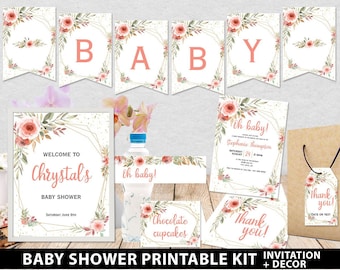 Baby Shower Printable Decoration Kit, Girl Baby Shower Template Bundle, Blush Peach Floral Baby girl decor, Oh Baby, INSTANT DOWNLOAD