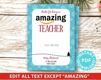 EDITABLE Amazon Gift Card Holder Christmas Printable Template, 5"x7", Thank you for being an Amazing Teacher, Friend, snow. INSTANT DOWNLOAD