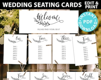 Wedding Seating Chart Template Download, Rustic Sign, Printable Wedding Seating Cards, Editable, Table Numbers, Boho Leaf, INSTANT DOWNLOAD