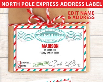 EDITABLE Christmas Address Label Printable, North Pole Express Mail, Large Gift label, From Santa Claus, Kids stickers, INSTANT DOWNLOAD