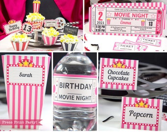 Movie Party Decor Printables PINK, Movie Night Invitation, Birthday Party Package, Movie Night Sign, Popcorn Box, Toppers, INSTANT DOWNLOAD