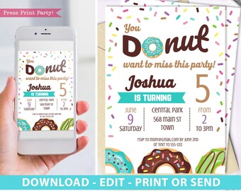 Donut Birthday Invitation Printable, Blue Donut & Sprinkles, Donut Party Boy / Girl, Donut First Birthday Party Invitation, INSTANT DOWNLOAD