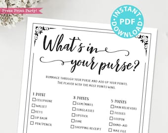 What's in Your Purse Baby Shower Game Printable, Bridal Shower Game Template, Funny Shower Activities, Rustic, INSTANT DOWNLOAD