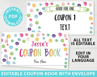 Birthday Coupons Book Printable, Personalized Gift Idea, Confetti Editable Blank Coupon Book, DIY Last Minute Gift, INSTANT DOWNLOAD