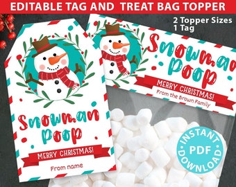 Snowman Poop Christmas Treat Bag Toppers and Tag, Editable, Classroom Gift, Easy Holiday Gift, Marshmallow, INSTANT DOWNLOAD