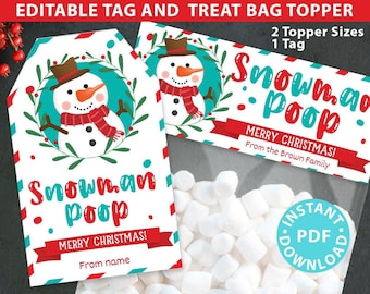 Snowman Poop Christmas Treat Bag Toppers and Tag, Editable, Classroom Gift, Easy Holiday Gift, Marshmallow, INSTANT DOWNLOAD