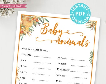 Little Pumpkin Baby Animals Baby Shower Game Printable, Baby Animal Name Game Template, Funny Activities, Fall Rustic, INSTANT DOWNLOAD