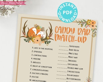 Woodland Theme Candy Bar Game Baby Shower Printable, Baby Shower Game Template, Forest Animals, Activities, Rustic, Fox, INSTANT DOWNLOAD