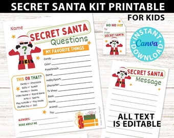 Kids Secret Santa Questionnaire Printable Secret Santa Gift Exchange Kit for School Secret Santa Flyer Invitation Template Santa Gift Tags
