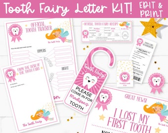 EDITABLE Tooth Fairy Letter Printable Kit & Receipts, Certificate, Baby Teeth Chart, Door Hanger Lost Tooth Fairy Envelope, INSTANT DOWNLOAD