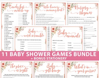 Baby Shower Games Bundle Printable, Peach Flowers, Games Pack, Unique Baby Shower Games, Funny Activities, Girl, Bingo, INSTANT DOWNLOAD