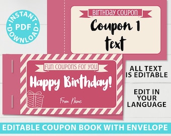 Birthday Coupon Book Template Printable, Birthday Gift Idea, Pink Blank editable, last minute gift for her, w Envelope, INSTANT DOWNLOAD