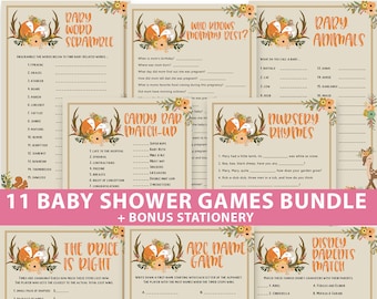 Paquete de juegos imprimibles para baby shower de animales del bosque, para niña y niño, descarga instantánea.